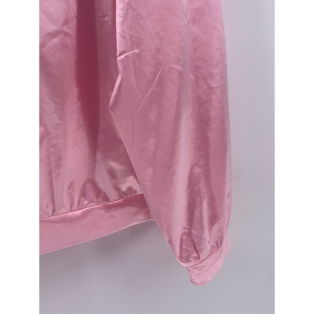UNBRANDED Women's Light Pink Satin Collarless Script Logo Zip-Up Jacket SZ 3XL