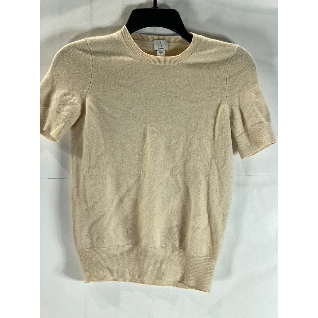 TSE Classic Women's Beige Solid Cashmere Crewneck Short Sleeve Sweater Top SZ S