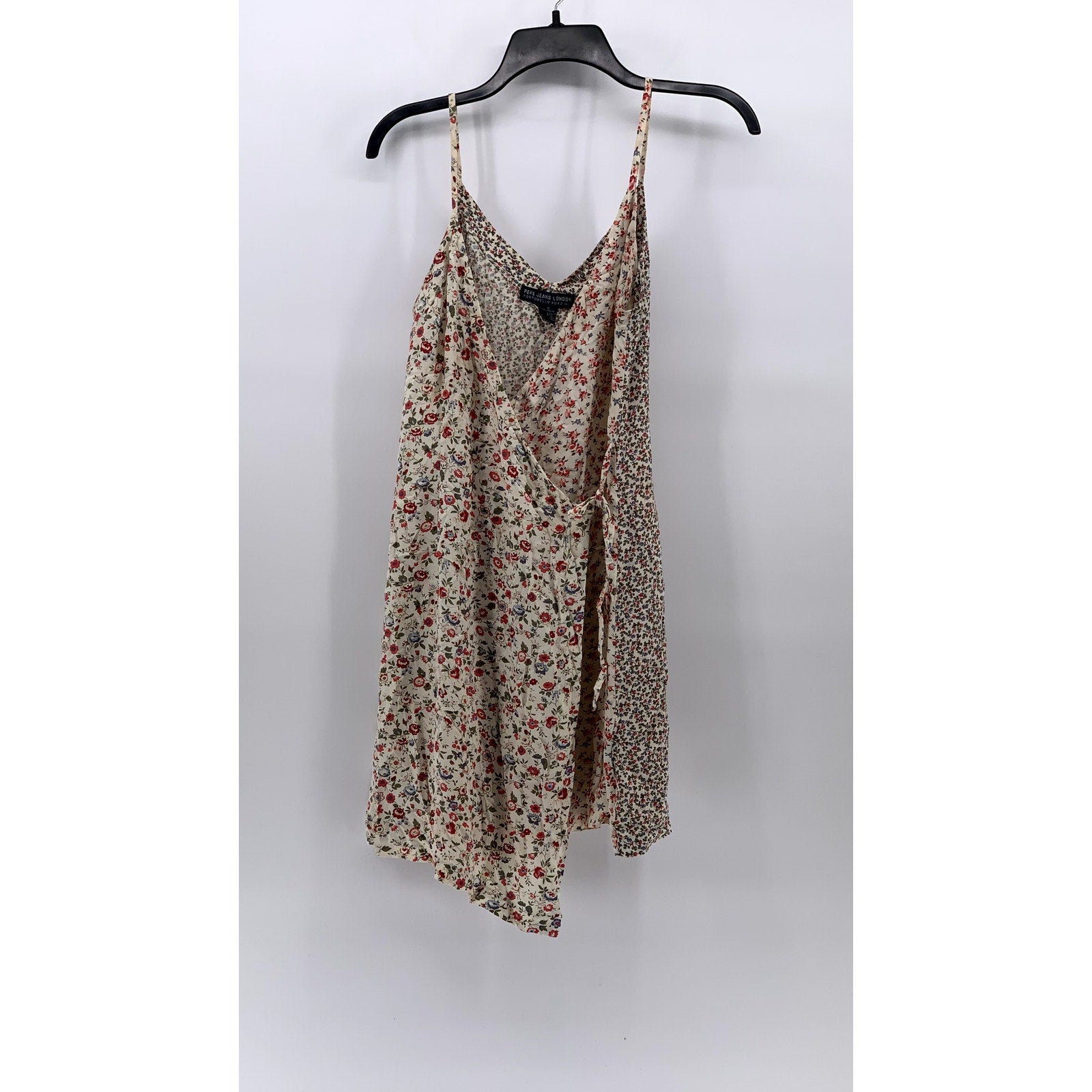 PEPE JEANS LONDON Women's Vintage Beige Floral Print V-Neck Wrap Mini Dress SZ S