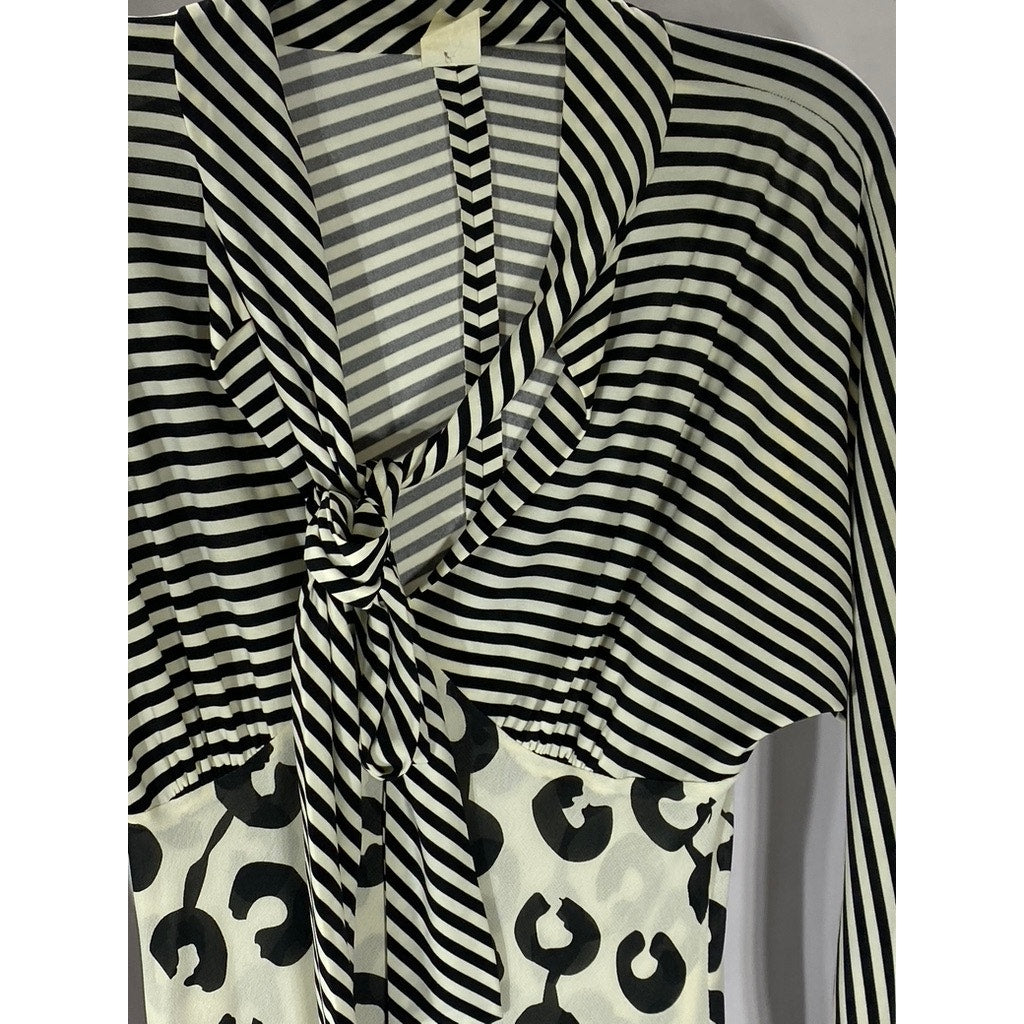 LILY Women's Black-White Striped-Printed Tie-Front Long Sleeve Maxi Dress SZ S