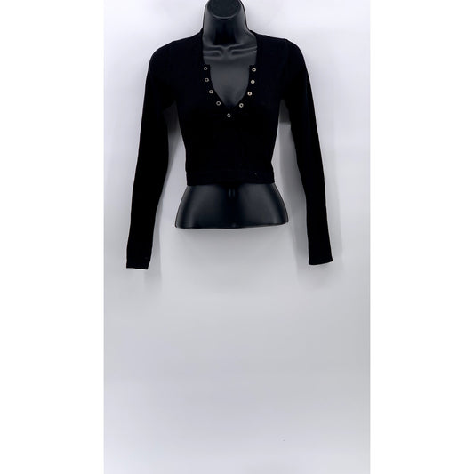 OUT FROM UNDER Women's Black Ribbed Henley Long Sleeve Cropped Casual Top SZ M