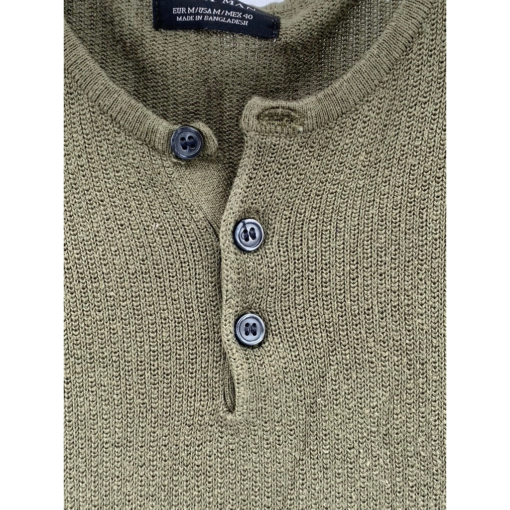 ZARA Men's Olive Green Knit Long Sleeve Casual Henley Shirt SZ M