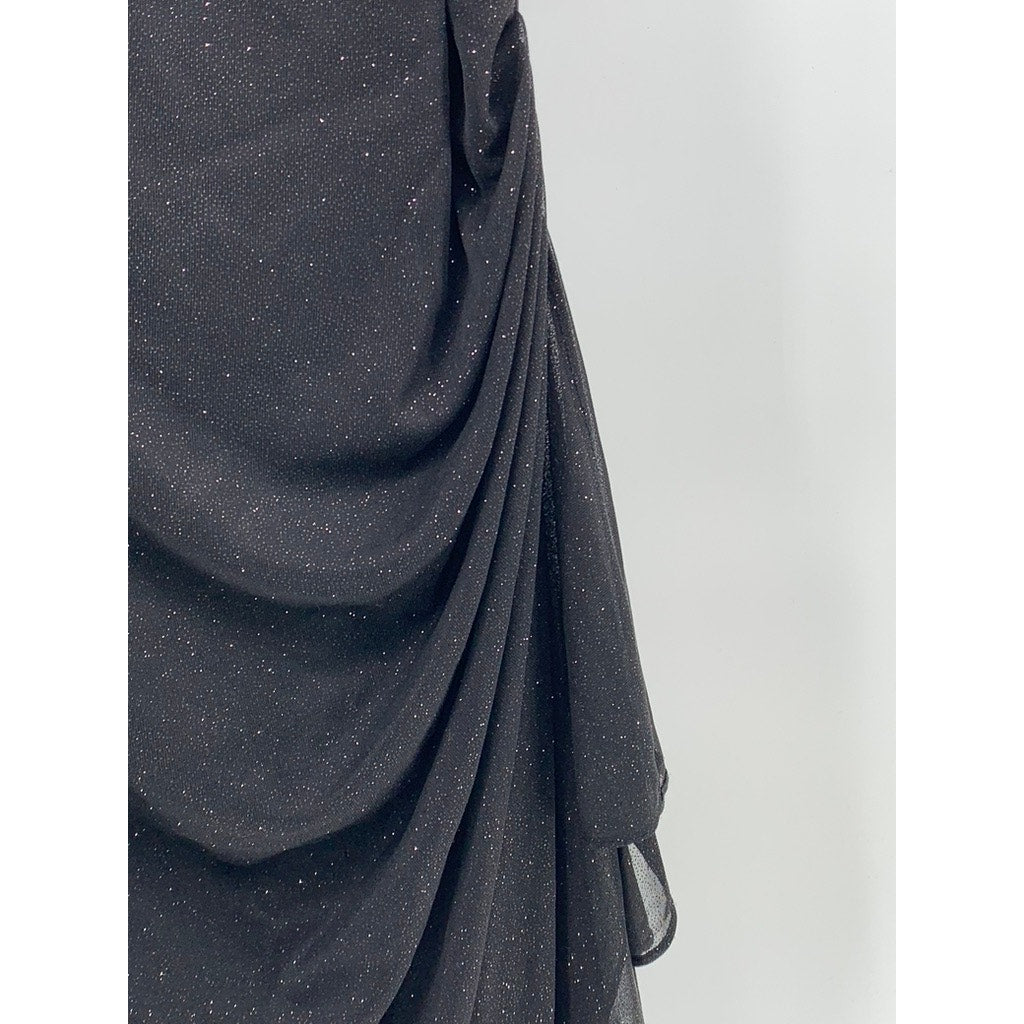 ALEX EVENINGS Women's Petite Black Shimmer Cold-Shoulder Draped Dress SZ 14P