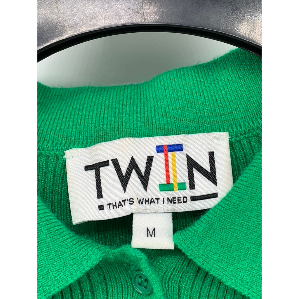 TWIN Women's Dark Green Ribbed Button-Up Long Sleeve Cropped Top SZ M