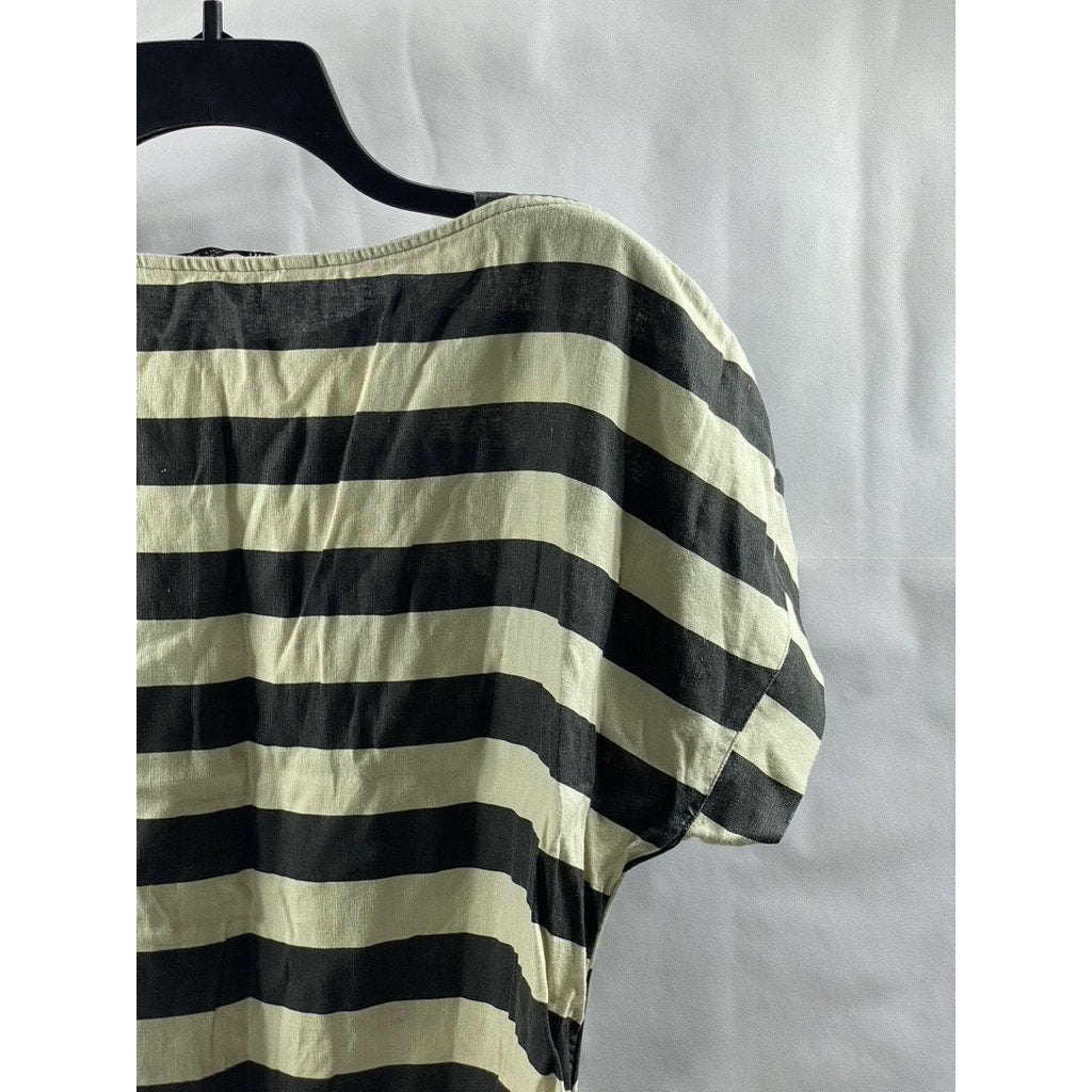 ZARA Women's Beige-Black Striped Boatneck Short Sleeve Top SZ S
