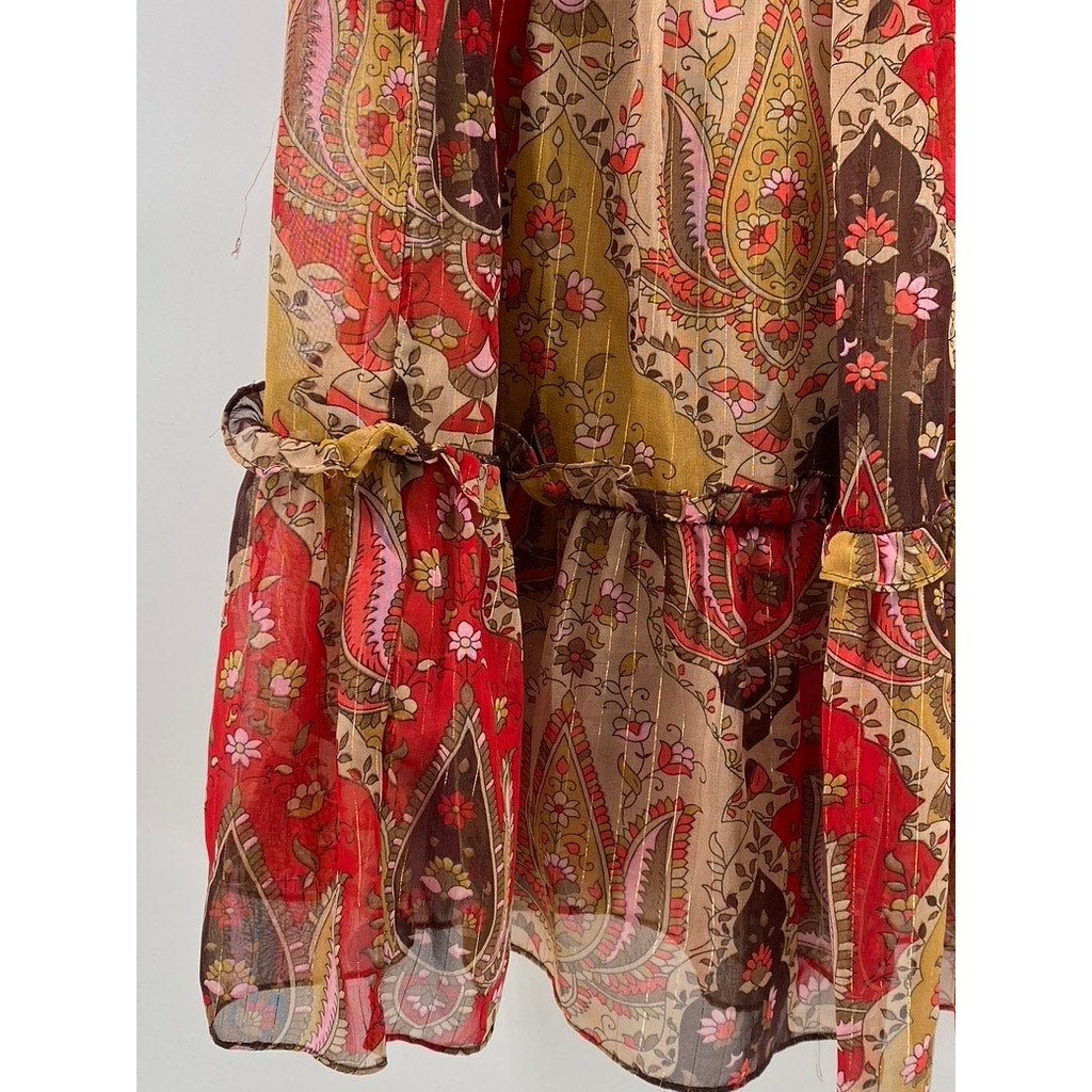 ZERO ZERO Women's Red-Tan Printed Tiered A-Line Knee Length Skirt SZ M