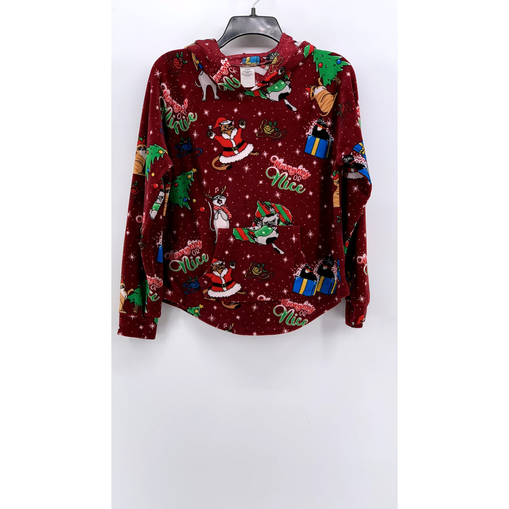 NO BOUNDARIES Women's Red Christmas Cat Fleece Hoodie Sweater SZ M