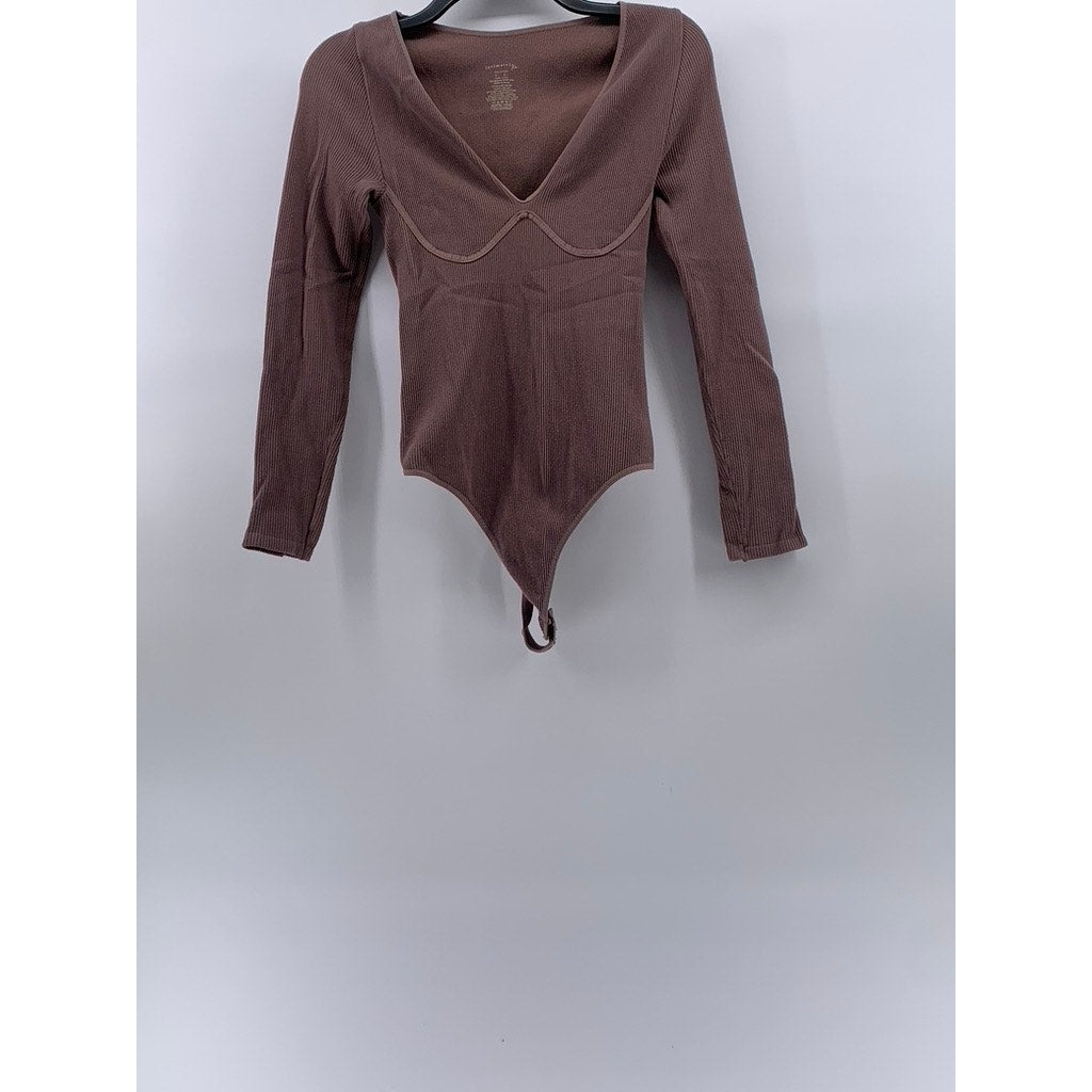 INTIMATELY By Free People Women's Blush Pink Ribbed V-Neck Thong Bodysuit SZ M/L