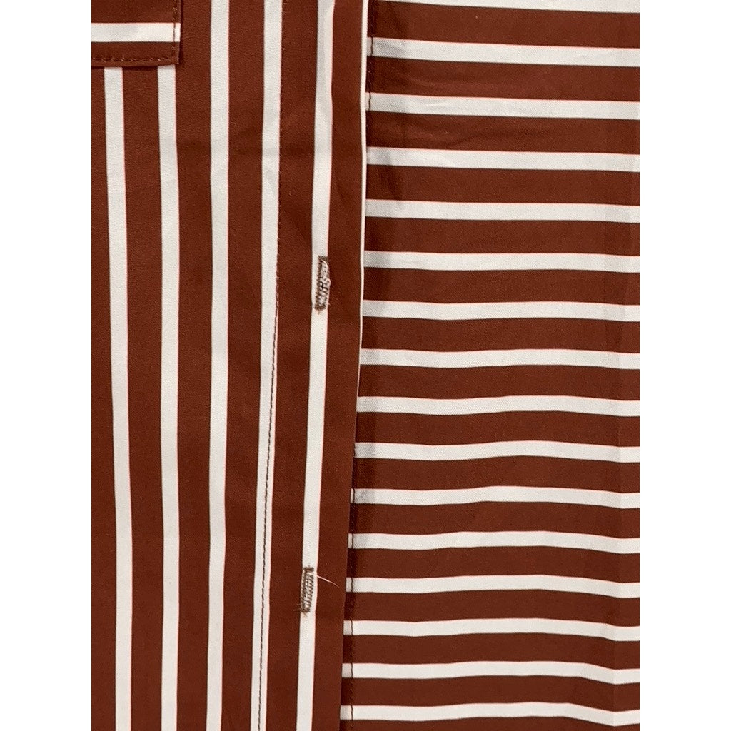 UNBRANDED Women's Brown-White Striped Button-Up Top SZ S