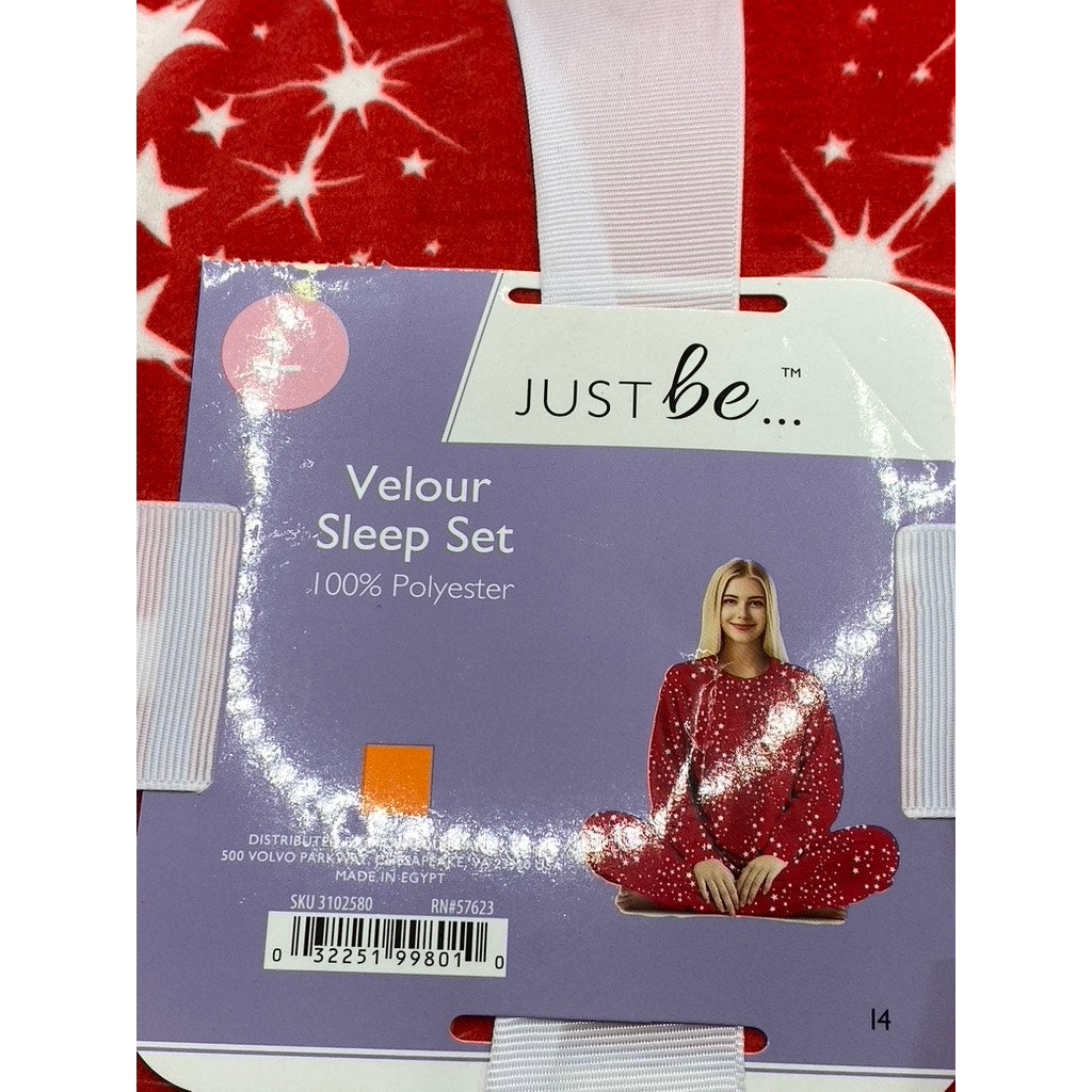 JUST BE Women's Red-White Star Print Velour Crewneck 2pc Sleep Set SZ L