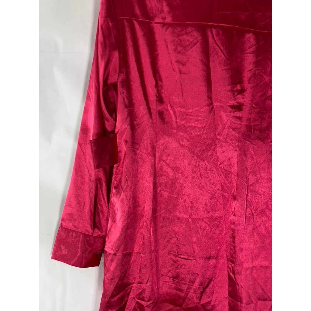 SHEIN Women's Dark Pink Satin Button-Up Long Sleeve Maxi Relaxed-Fit Dress SZ XS