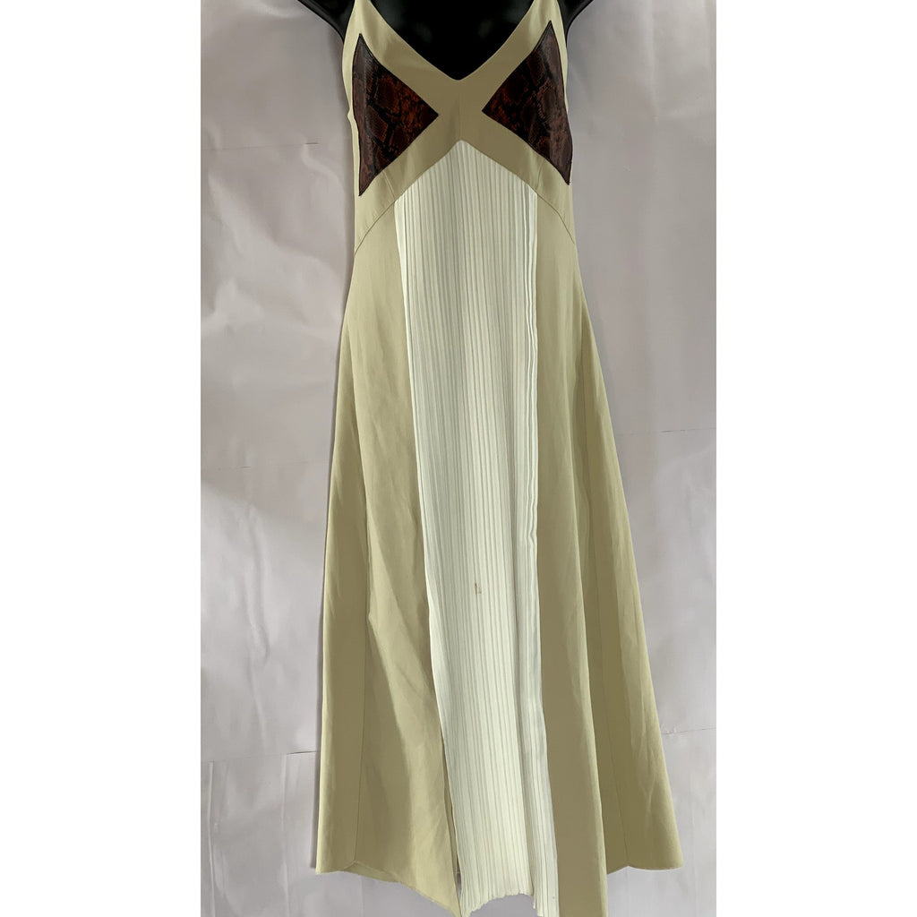 ZARA Women's Beige/Cream Pleated Side-Slit Snake Skin V-Neck Midi Dress SZ M