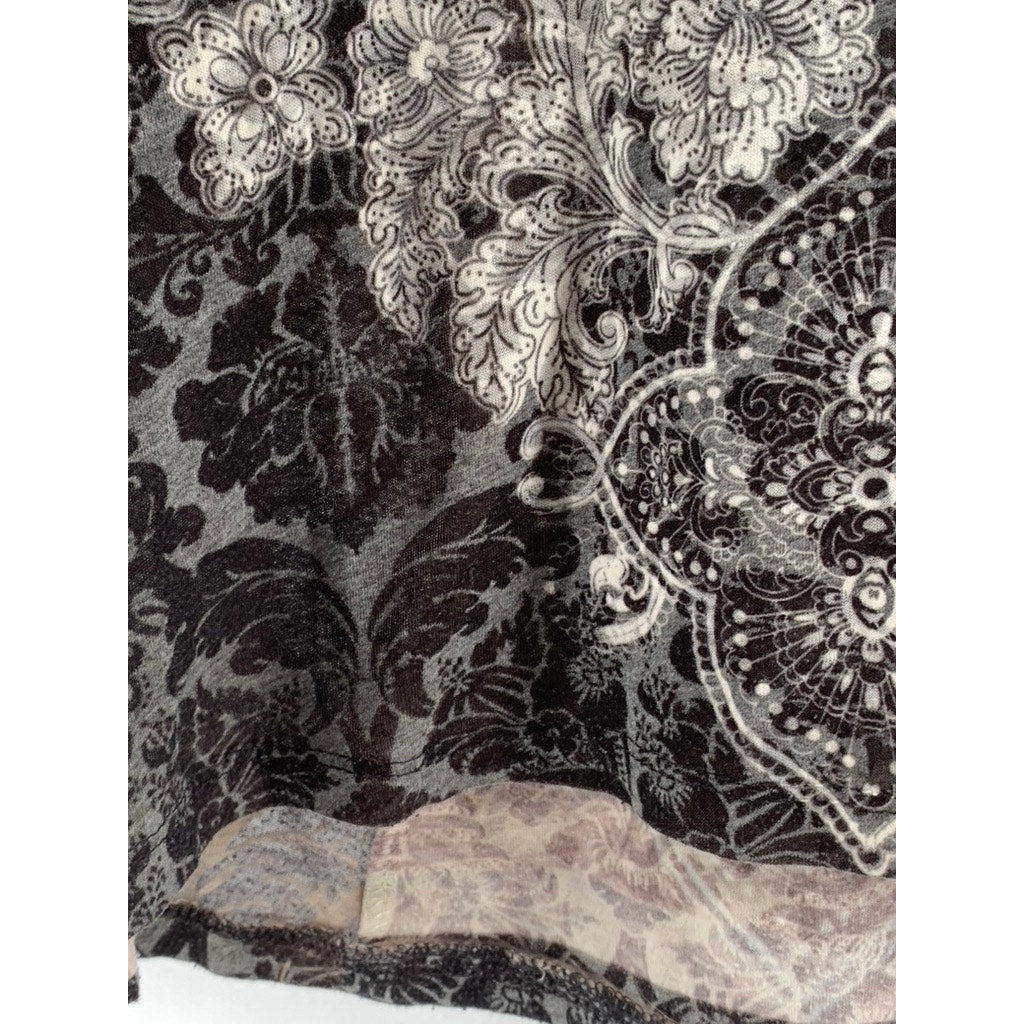 LOVE AMOUR Women's Wihte-Black Y2K Floral 3/4 Sleeve Top SZ M