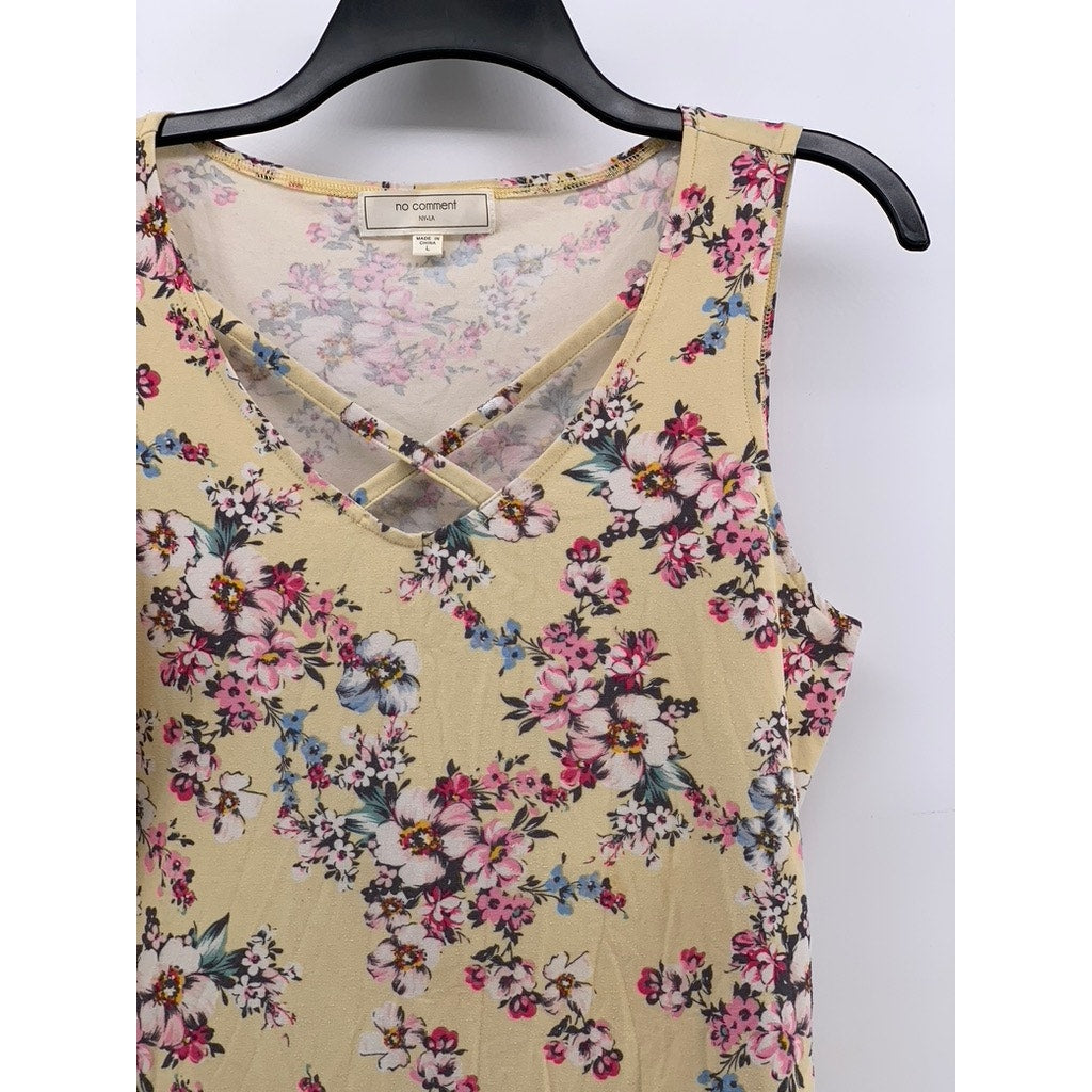 NO COMMENT NY LA Women's Tan Floral V-Neck Cutout Sleeveless Top SZ L