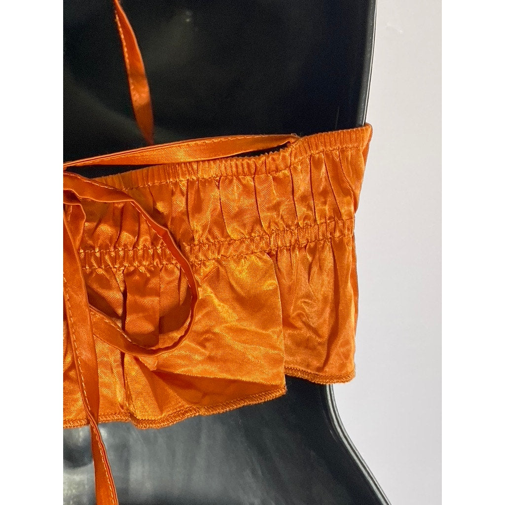 SHEIN Women's Orange Satin Open-Front Ruffle Tie-Neck Halter Crop Top SZ 2