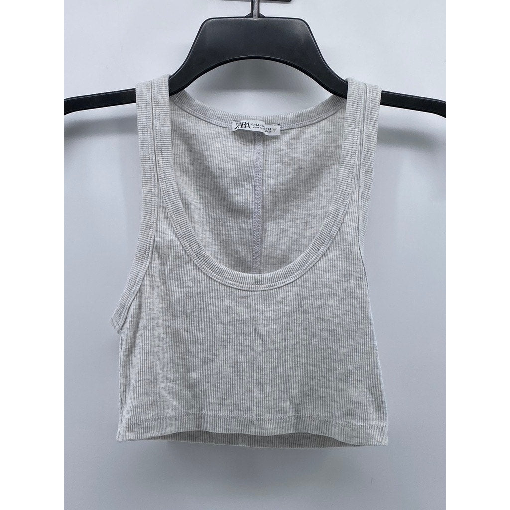 ZARA Women's Light Gray Ribbed Scoop-Neck Cropped Tank Top SZ M