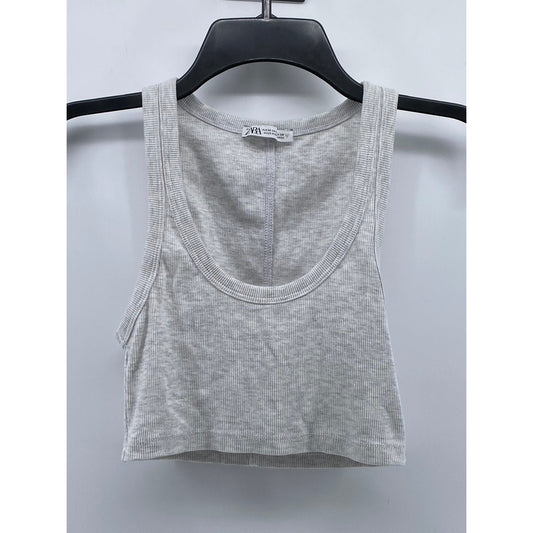 ZARA Women's Light Gray Ribbed Scoop-Neck Cropped Tank Top SZ M