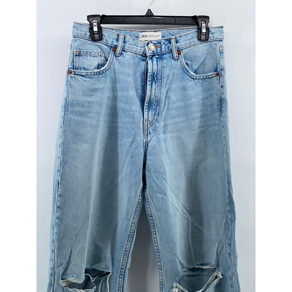 ZARA Women's Light Blue Denim Distressed Wide-Leg High-Rise Jeans SZ 6