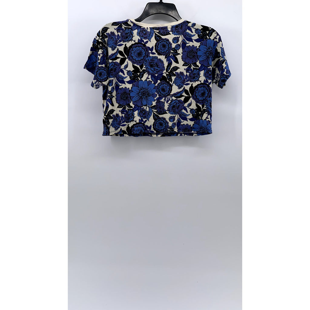 FORVER 21 Women’s Blue-Cream Floral Printed Crewneck Short Sleeve Crop Top SZ S