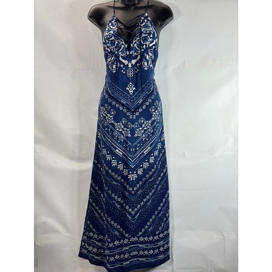 LAUNDRY BY DESIGN Women's Blue Printed Lace-Up V-Neck Pullover Maxi Dress SZ 4