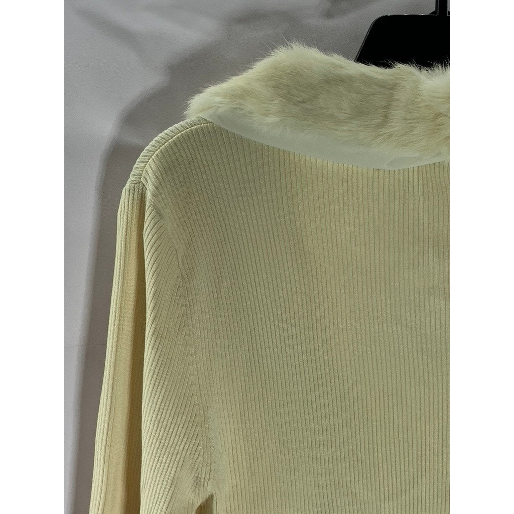 WHITE HOUSE BLACK MARKET Women's Beige Fur-Collar Ribbed Button-Up Cardigan SZ M