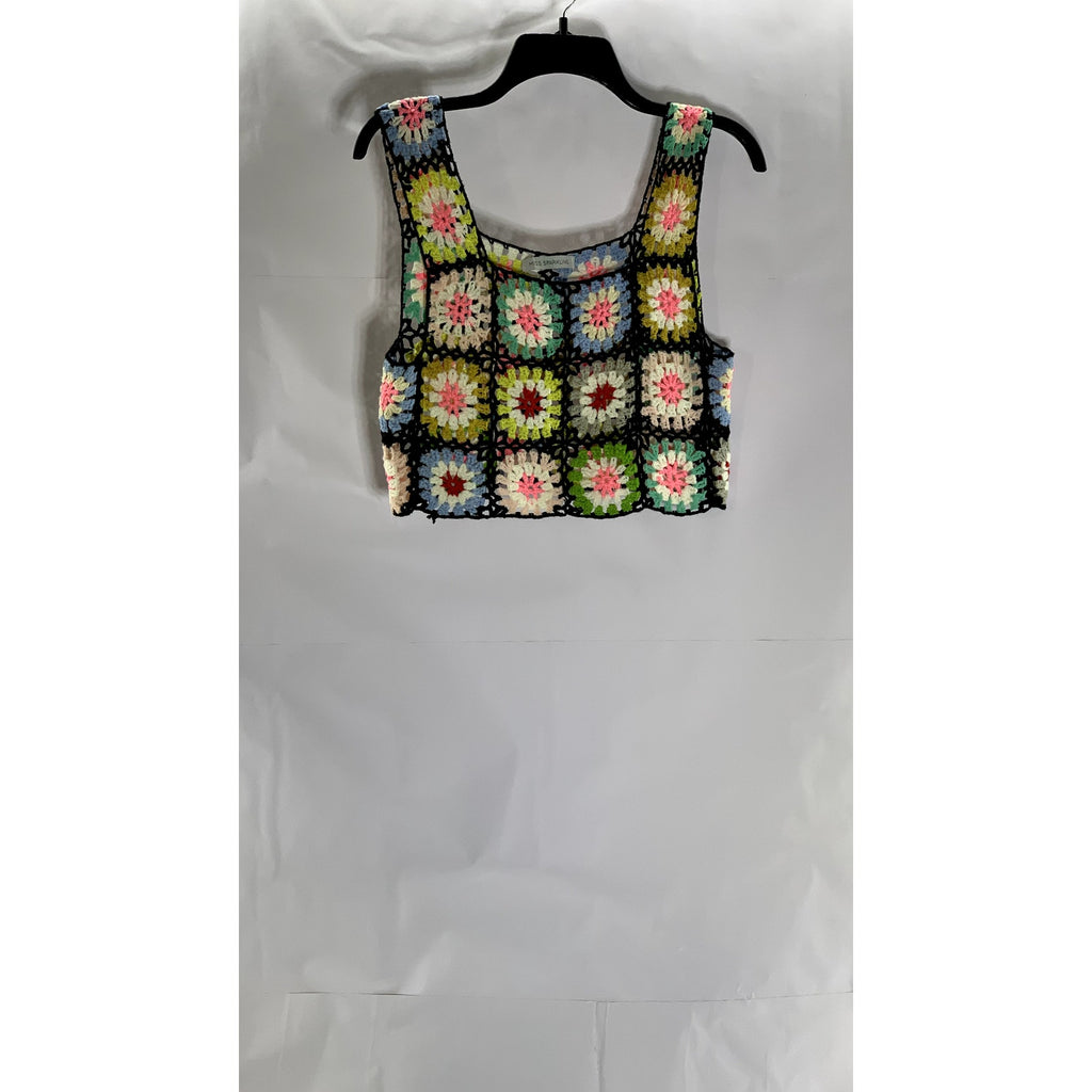 MISS SPARKLING Women's Black-Multi Crochet Floral Straight-Neck Tank Top SZ S
