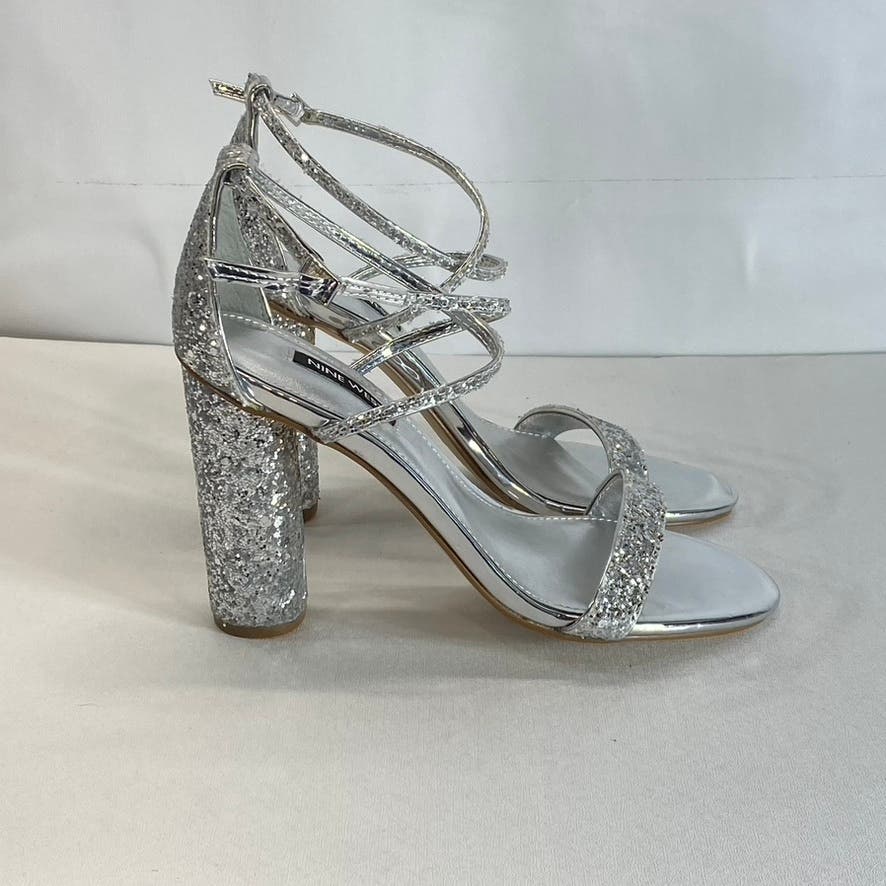 NINE WEST Women's Silver Celebra Sequin Ankle Strap Heeled Sandals SZ 7