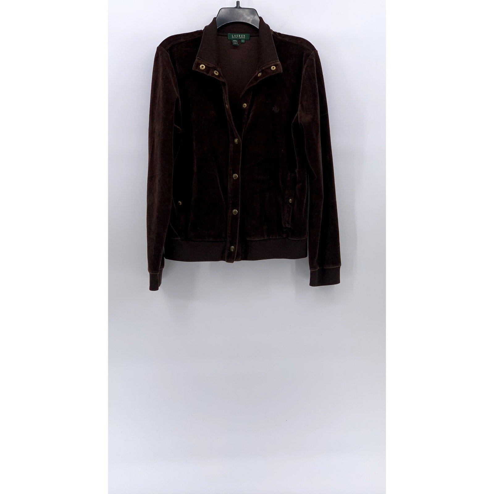 LAUREN RALPH LAUREN Women's Vintage Brown Velvet Snap-Button Sweater SZ L