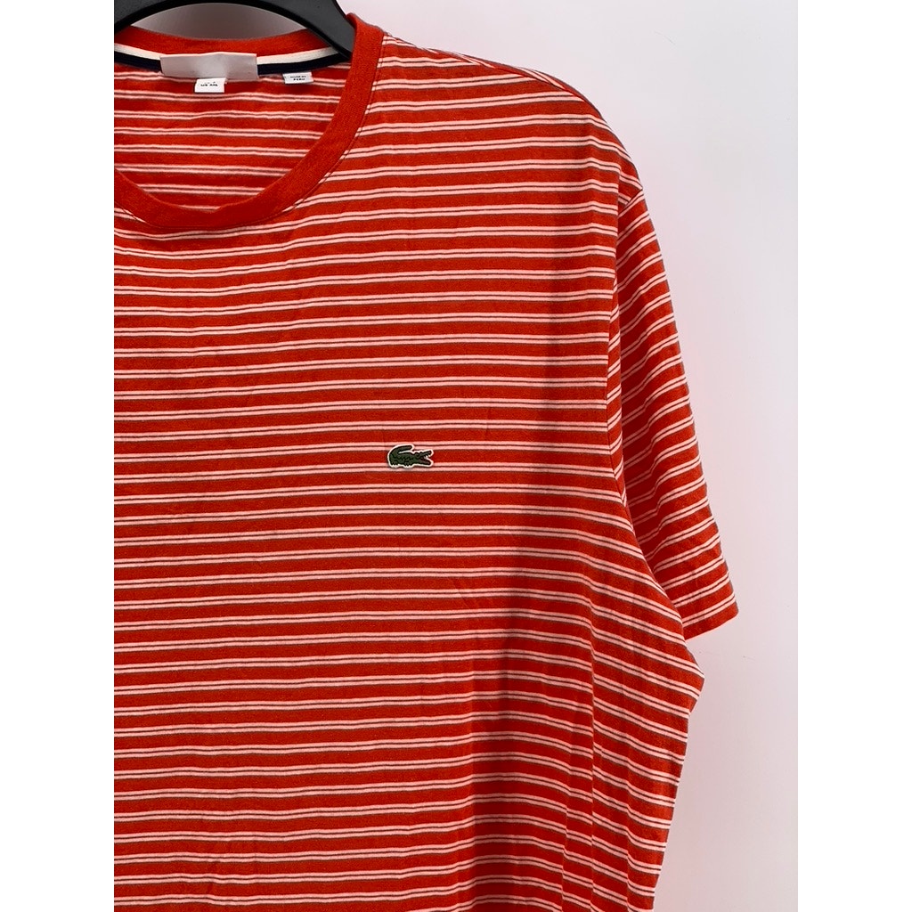 LACOSTE Men's Red-Orange Striped Regular Fit Short Sleeve Shirt SZ XXL