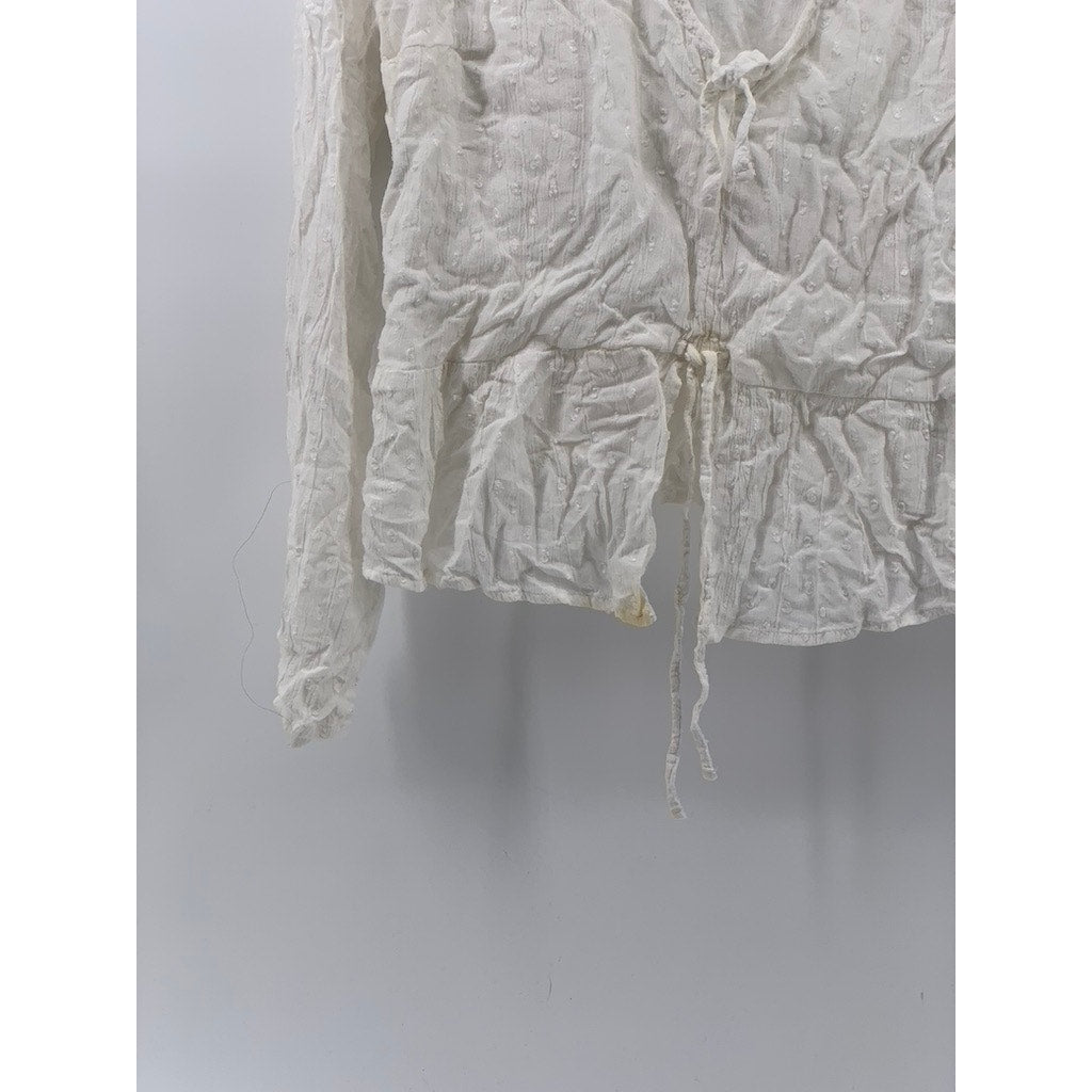 HOLLISTER CO Women's White Swiss Dot Long Sleeve Tie-Front V-Neck Top SZ L
