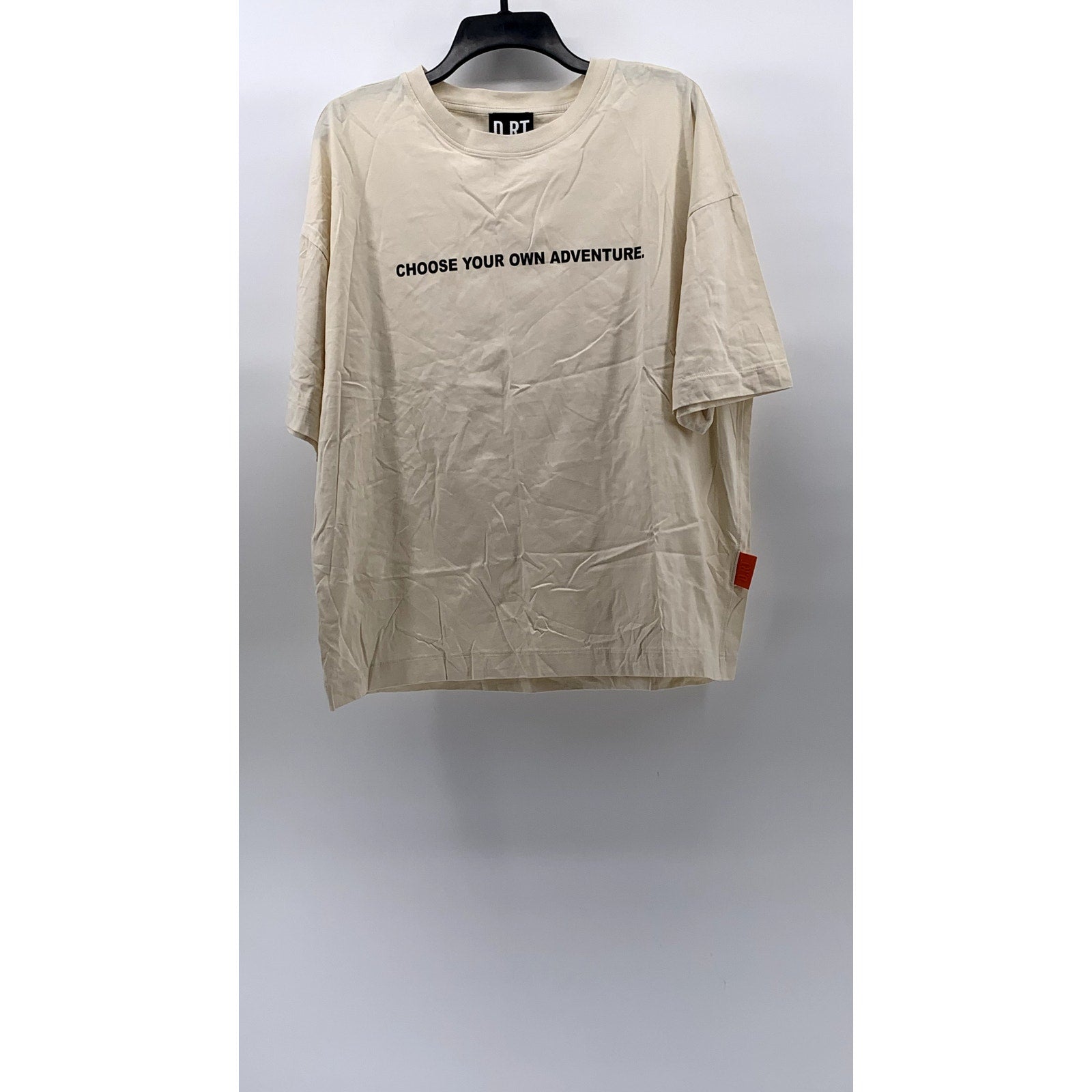 D.RT Men's Beige-Red Choose Your Own Adventure Logo Crewneck T-Shirt SZ L