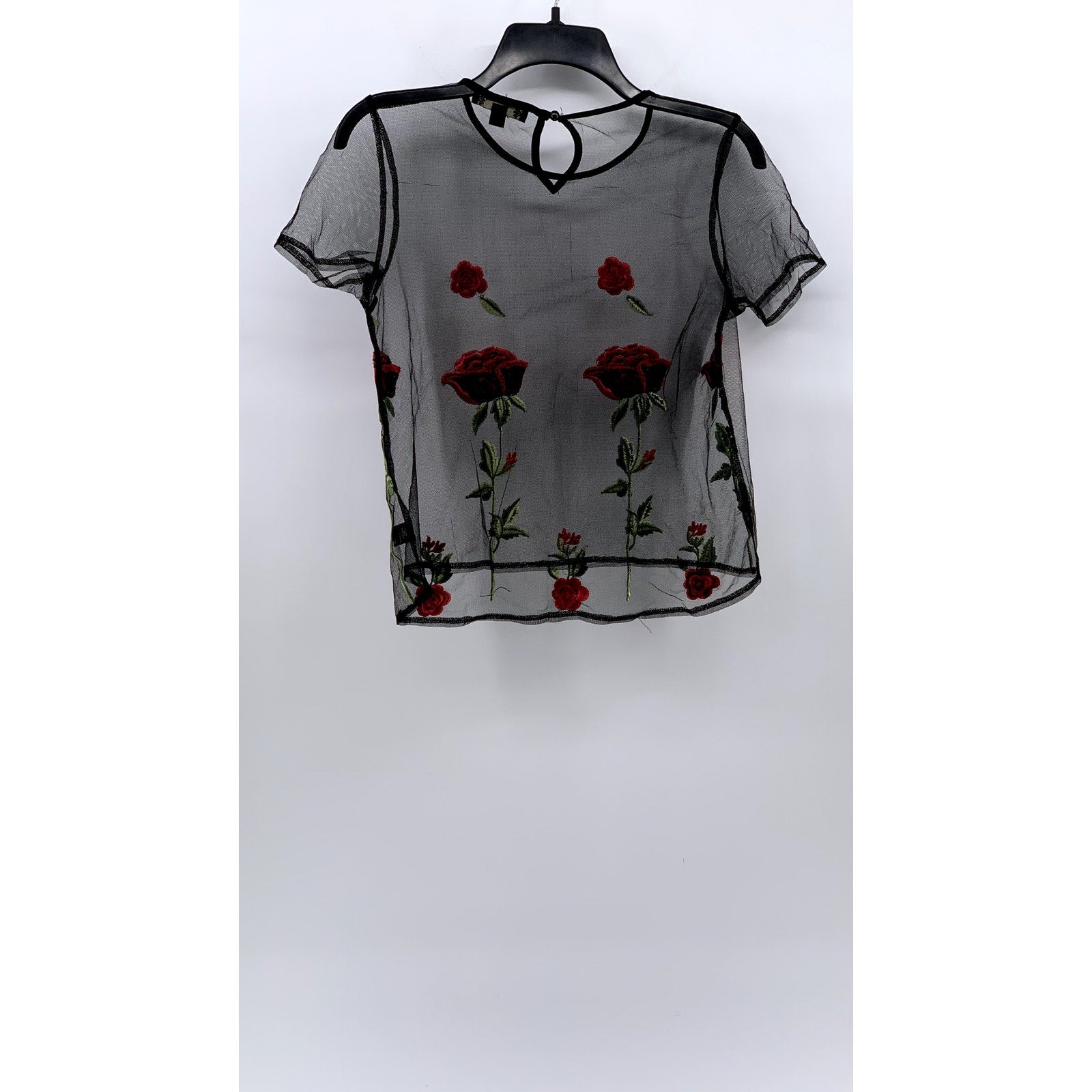 IRIS Women's Black Mesh Embroidered Rose Short Sleeve Crewneck Top SZ M
