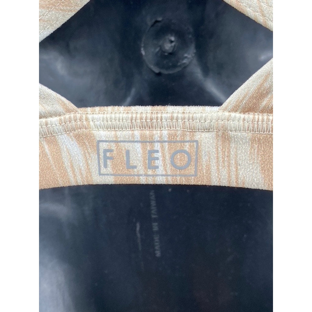FLEO Women's Tan-White Printed V-Neck Racerback Spaghetti Strap Sports Bra SZ S