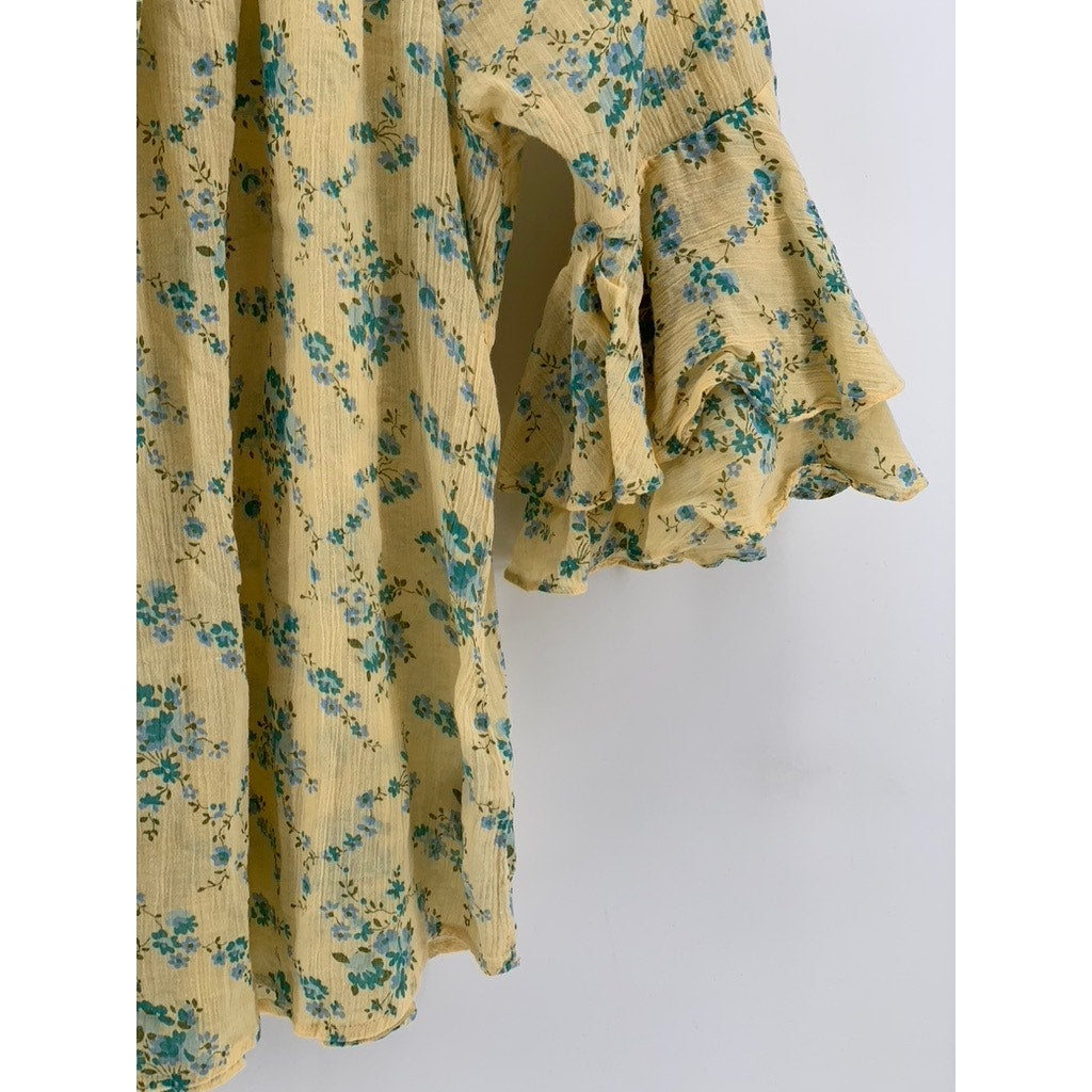 CHAPS Women's Yellow Floral Ruffle Sleeve Top SZ M