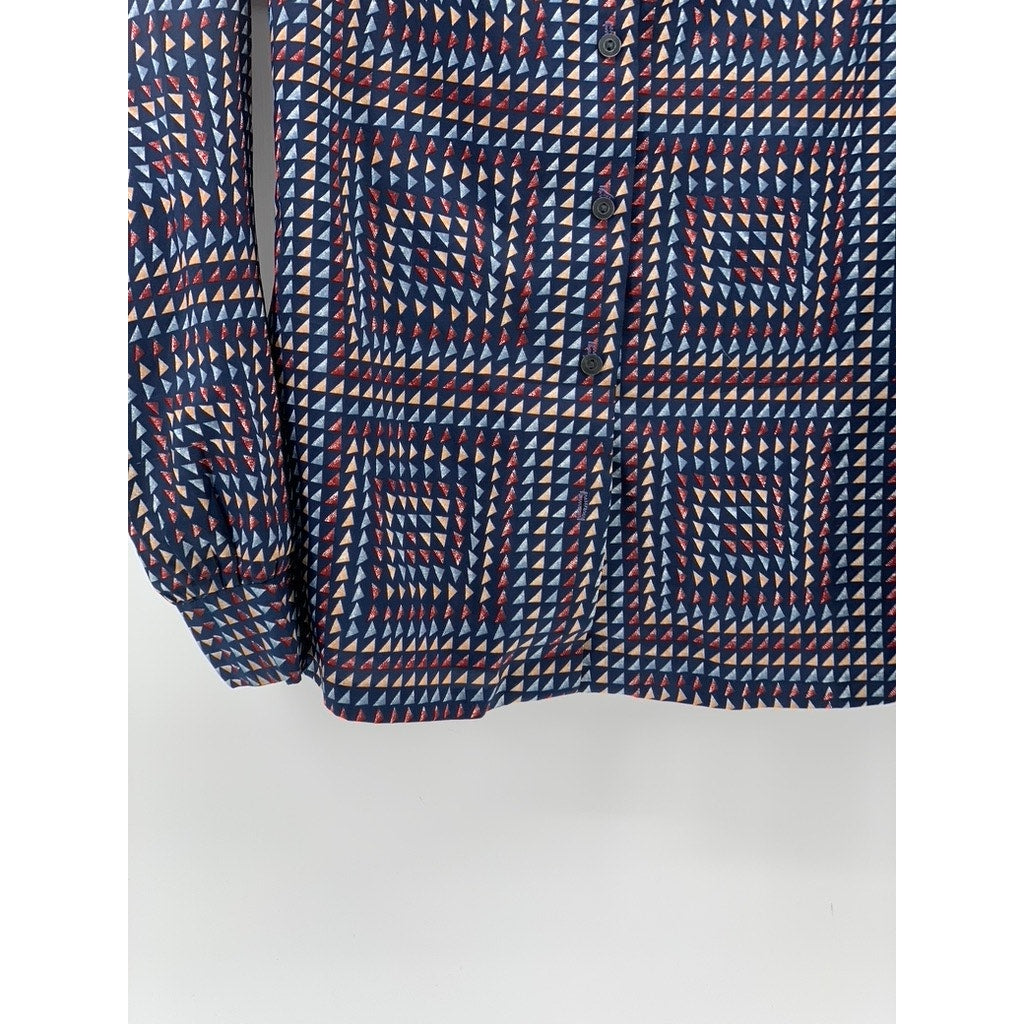 UNBRANDED Men's Blue-Multi Triangle Long Sleeve Button-Up Regular-Fit Shirt SZ M