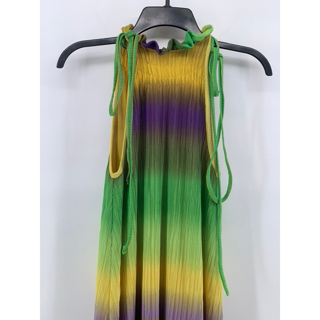 SFERA COLLECTION Women's Yellow-Green-Purple Ombre Pleated Halter Maxi Dress SZS