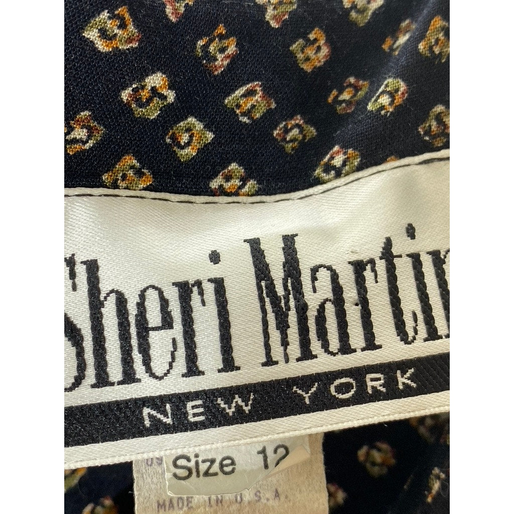 SHERI MARTIN Women's Black Printed Side-Tie Short Sleeve A-Line Dress SZ 12