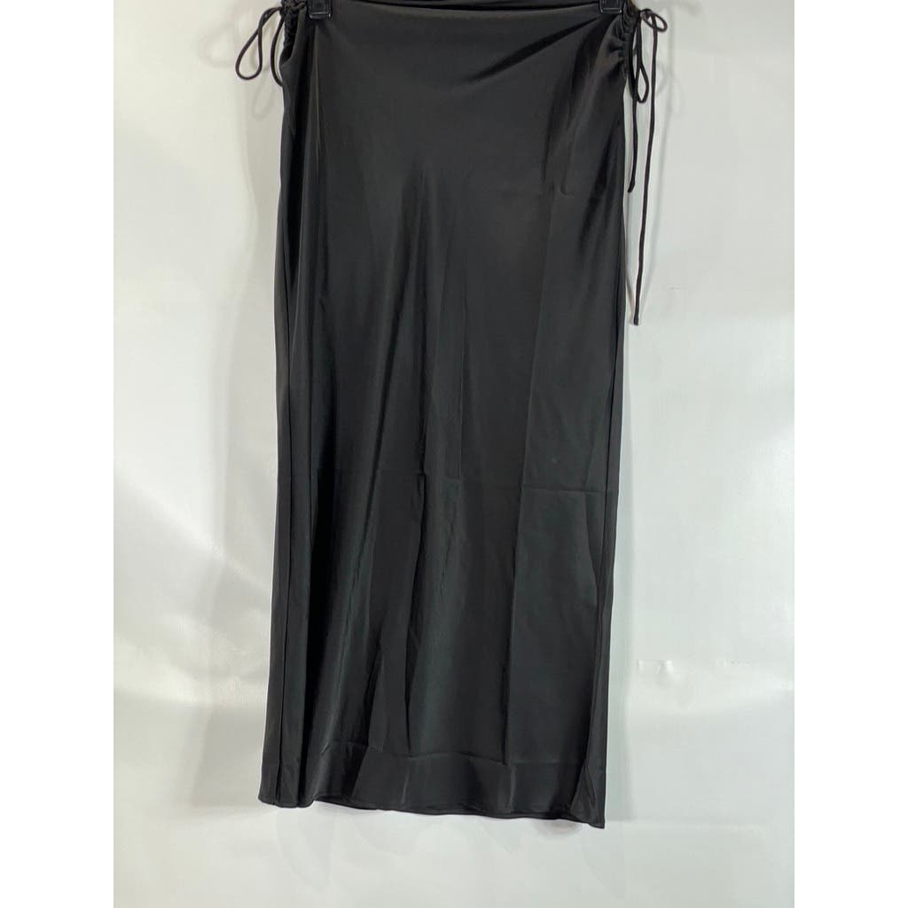 MOTF Women's Black Solid Adjustable Side Ruched Straight Maxi Skirt SZ L