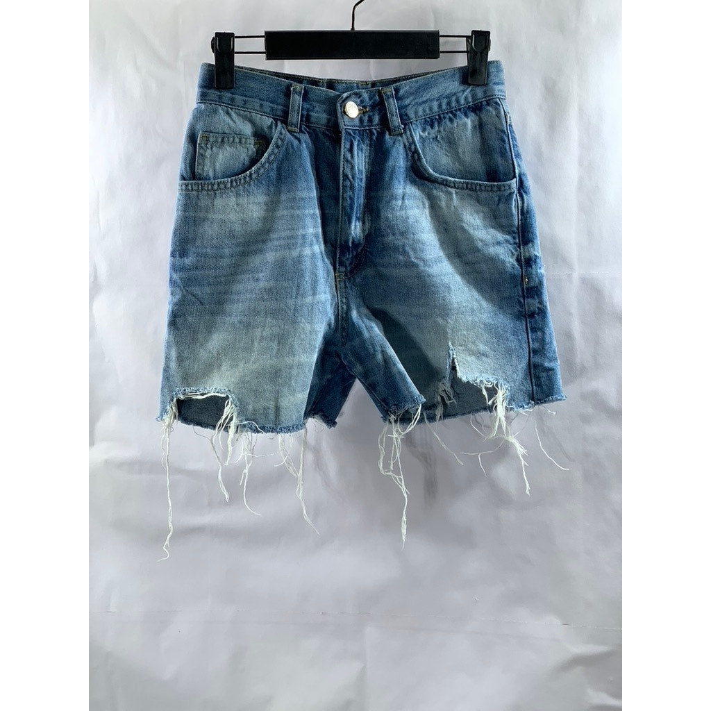 ANINE BING Women's Light Blue Denim Raw-Hem Straight Shorts SZ 24