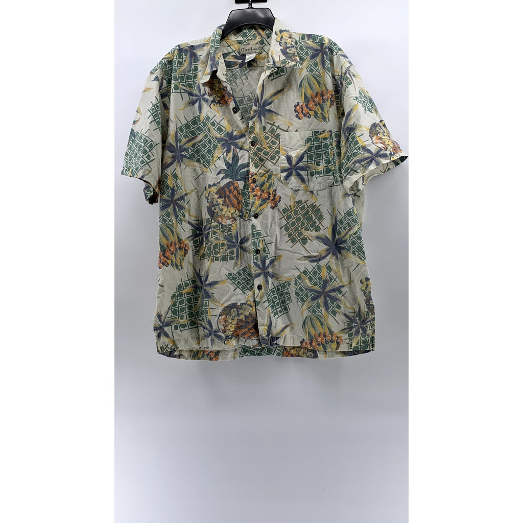 GREAT LAND Men's Vintage White-Green Regular-Fit Button-Up Hawaiian Shirt SZ L