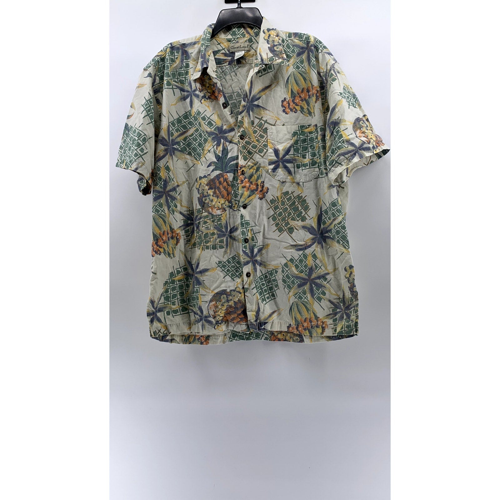 GREAT LAND Men's Vintage White-Green Regular-Fit Button-Up Hawaiian Shirt SZ L