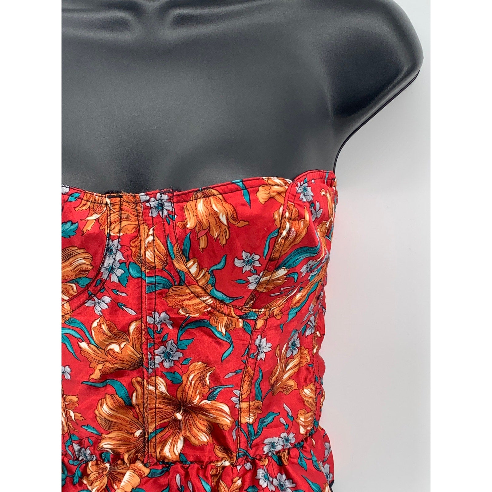 UNBRANDED Women's Vintage Red-Black Floral Strapless Corset Bustier Top SZ S