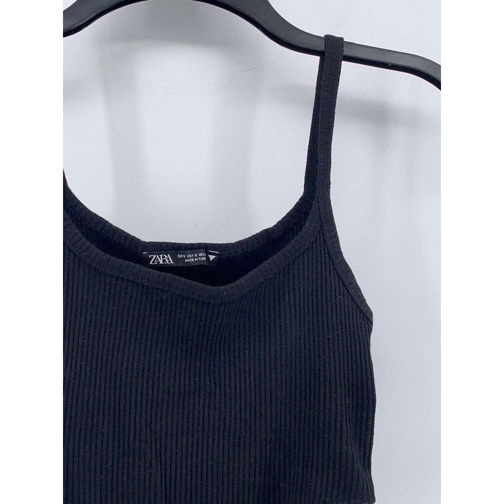 ZARA Women’s Black Ribbed Scoop-Neck Spaghetti Strap Fitted Bodysuit SZ S