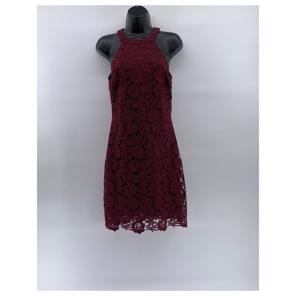 LULUS Women's Burgundy High-Neck Lace Sleeveless Mini Dress SZ M