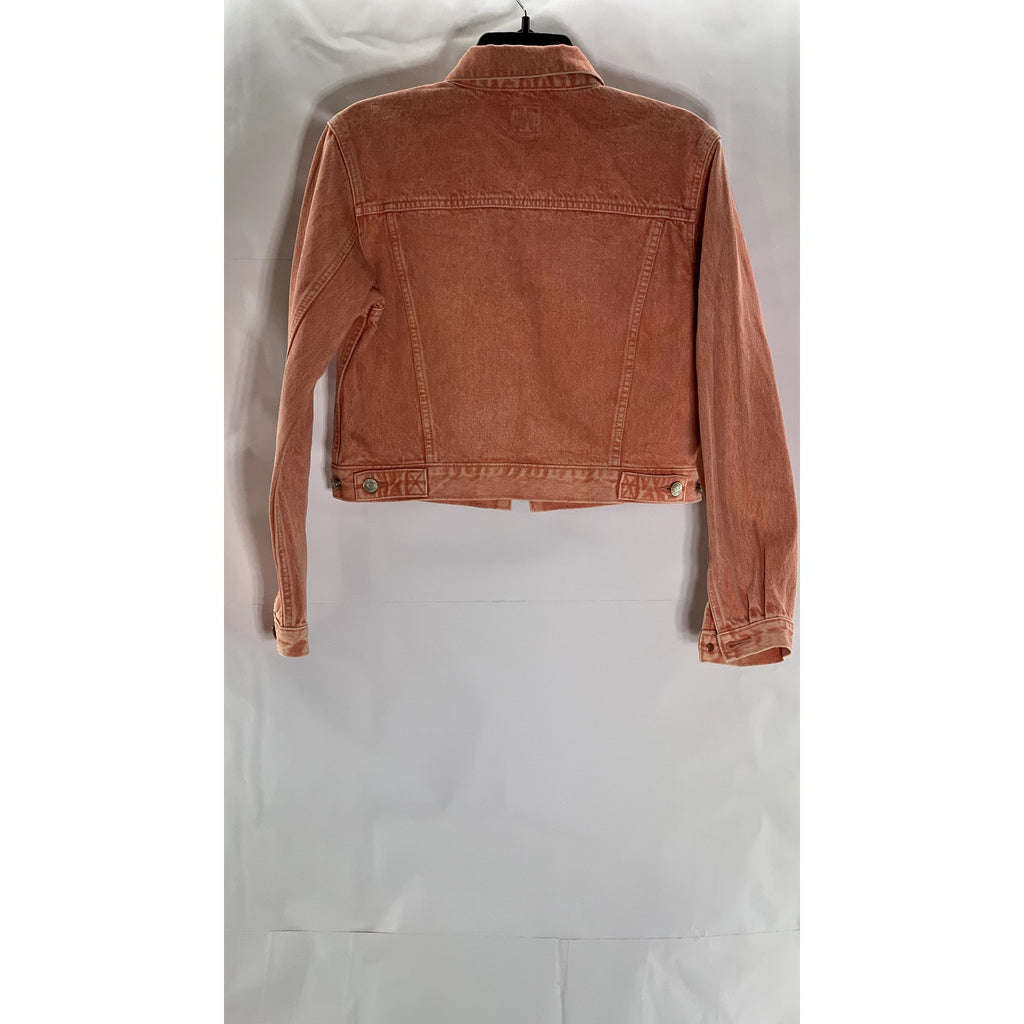 GAP DENIM Women's Pink Flamingo Button-Front Denim Utility Cropped Jacket SZ XS