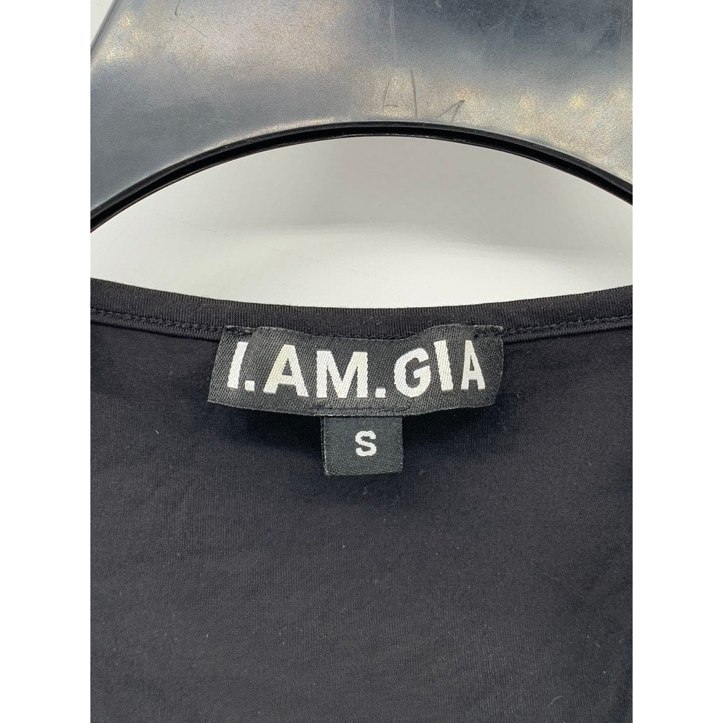 I.AM.GIA Women's Black V-Neck Cutout Wrap Short Sleeve Crop Top SZ S