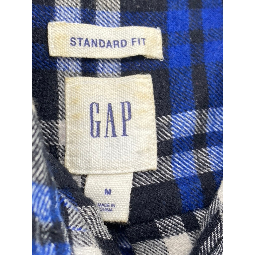 GAP Men's Blue-White Plaid Standard-Fit Button-Up Long Sleeve Flannel Shirt SZ M