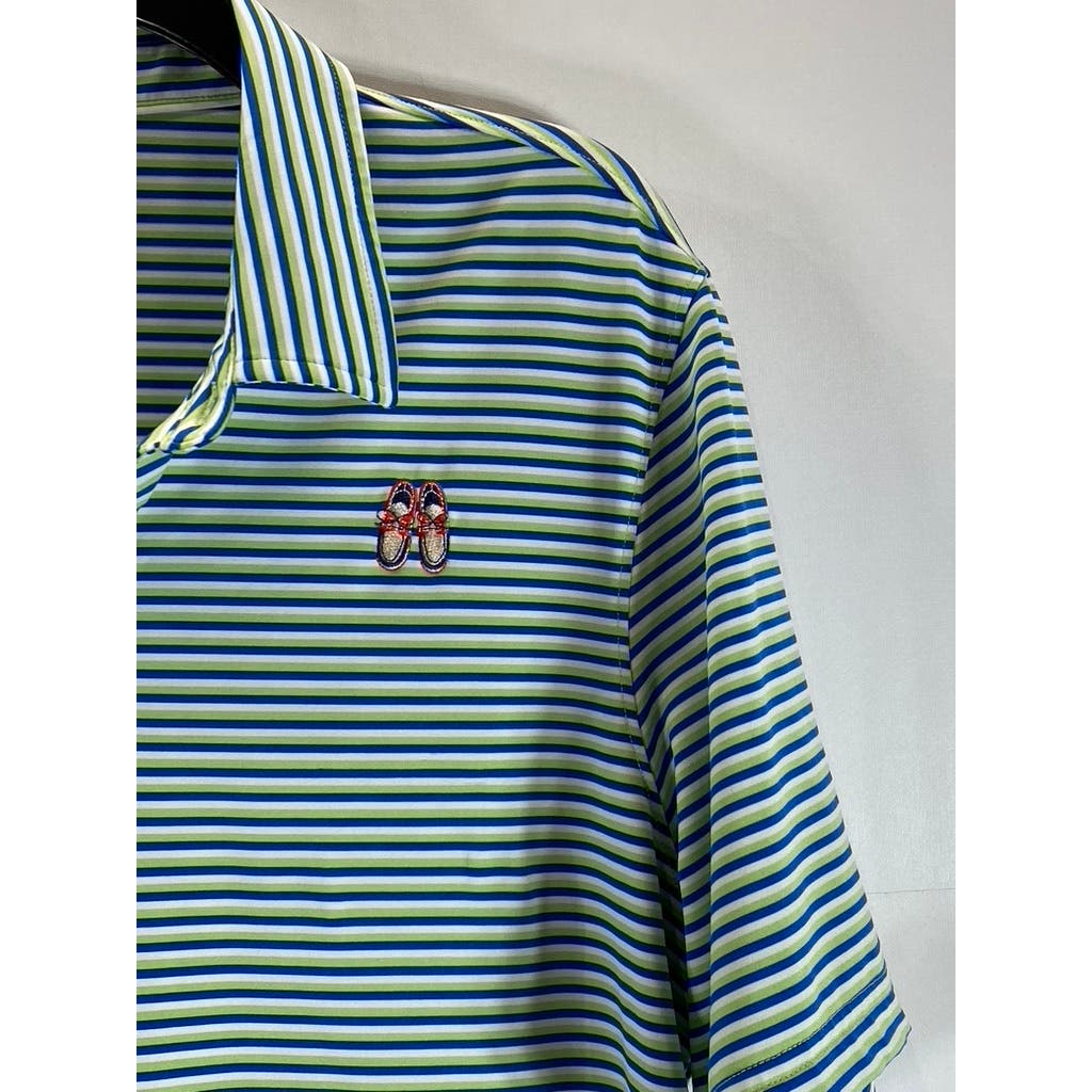 LANDS' END Men's Green/Blue Striped Shoe Graphic Short Sleeve Polo SZ M