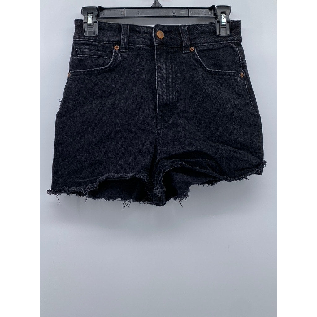 ZARA Women's Black Denim Regular-Fit Raw-Hem Cotton Shorts SZ 4