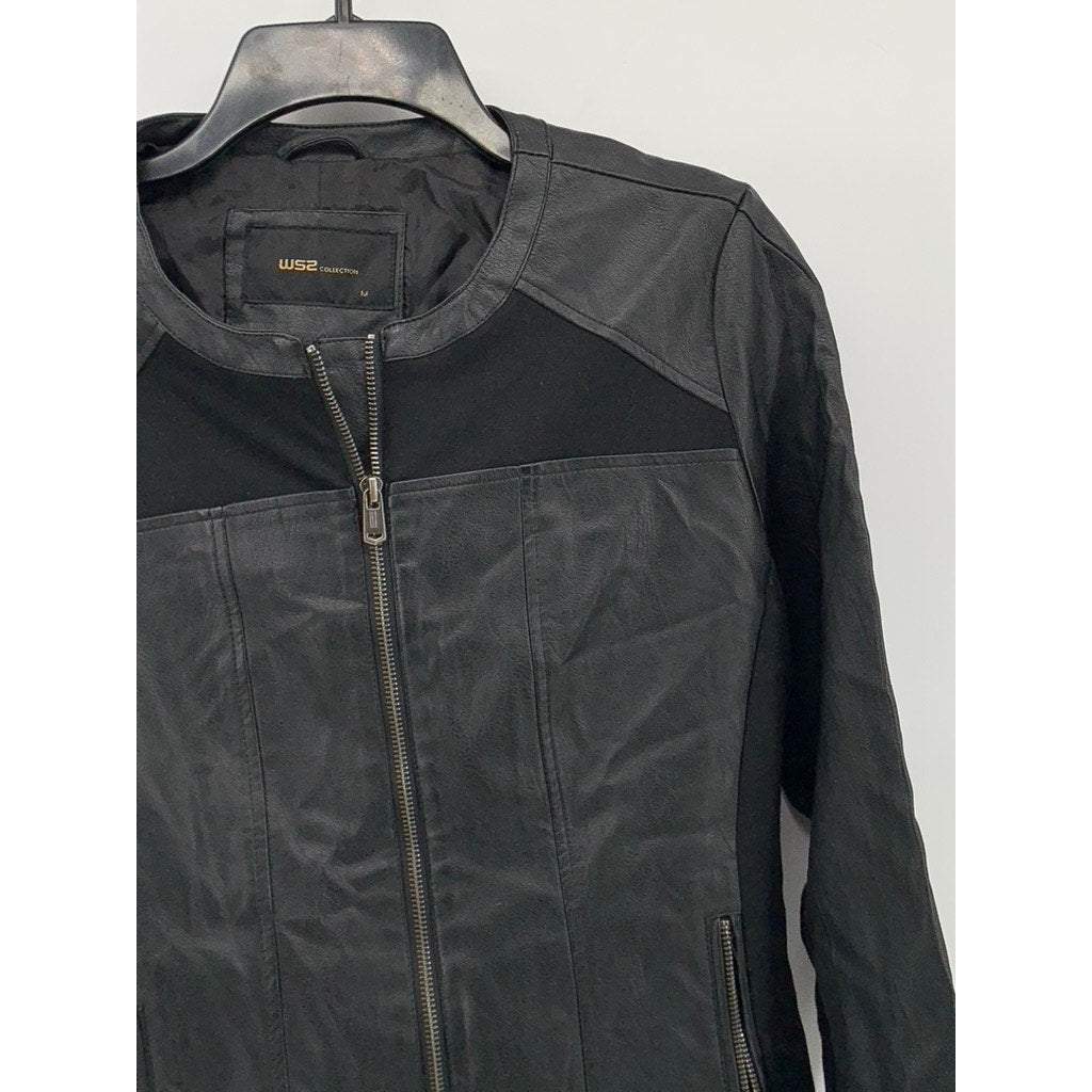 WS2 COLLECTION Women's Black Faux-Leather Zip-Up Long Sleeve Jacket SZ M